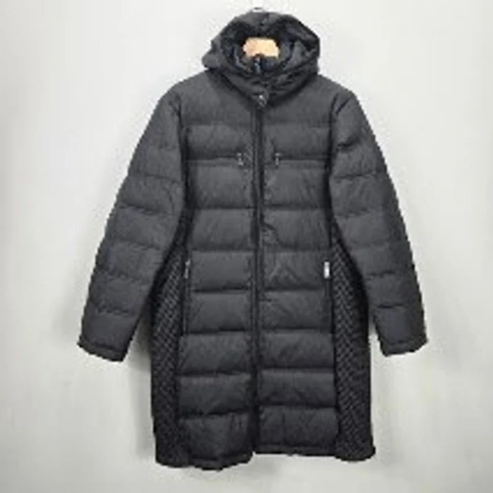 Michael Kors Down Puffer Jacket 1X Black Hooded Longline Parka Full Zip Quilted
